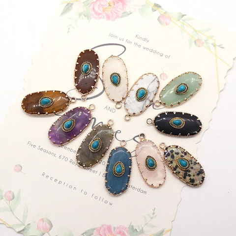 Vintage Natural Stone Oval Pendant Artificial Turquoise Inlaid Copper Gilded DIY Charm For Jewelry Making Bohemian Style