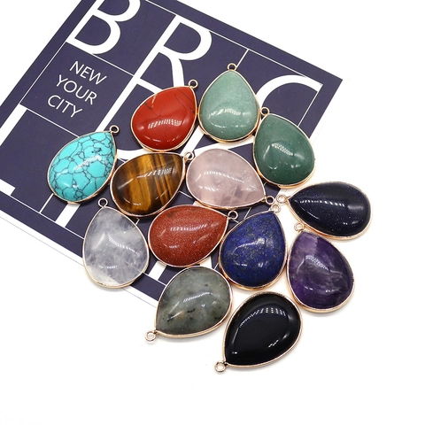 Teardrop Natural Stone Pendant With Gold Plated Copper Edge Amethyst Rose Quartz Tiger Eye Lapis Lazuli For DIY Jewelry Making