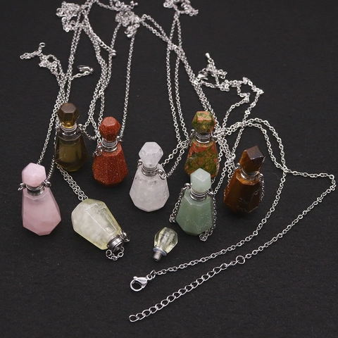 Naturstein ätherisches Öl Flasche Anhänger Halskette Edelstahlkette Amethyst Rosenquarz Parfümflasche Schmuck Für Unisex
