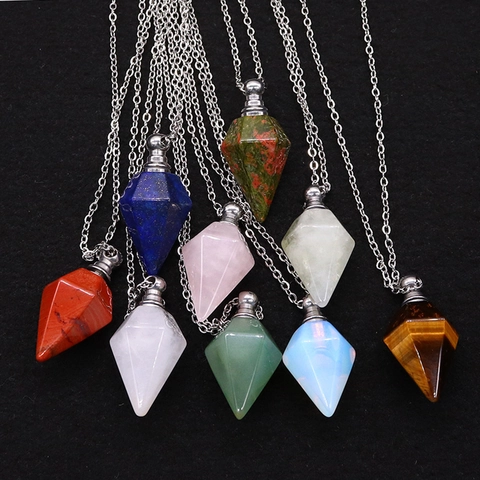 Natural Stone Hexagonal Perfume Bottle Necklace Stainless Steel Chain Essential Oil Diffuser Pendant Vintage Jewelry Gift