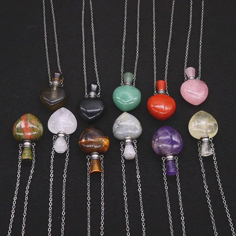 Natural Stone Heart Shape Perfume Bottle Pendant Necklace Essential Oil Diffuser Stainless Steel Chain For Women Jewelry