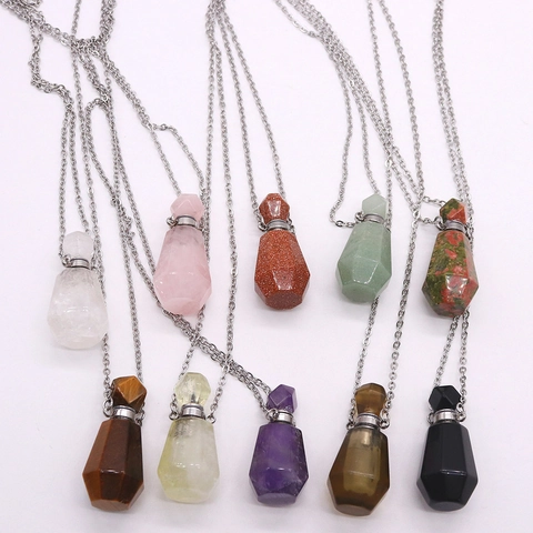 Naturstein ätherisches Öl Flasche Anhänger Halskette Edelstahlkette Amethyst Rosenquarz Parfümflasche Schmuck Für Unisex