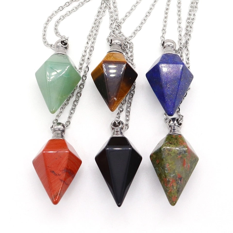 Natural Stone Hexagonal Perfume Bottle Necklace Stainless Steel Chain Essential Oil Diffuser Pendant Vintage Jewelry Gift