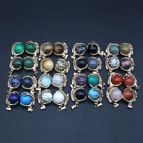 Vintage Dragon Claw Natural Stone Round Bead Pendant Only (Without Chain) Electroplated Gold Crystal Eagle Claw Charm For DIY Jewelry Making Necklaces Accessories