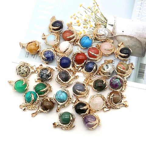 Vintage Dragon Claw Natural Stone Round Bead Pendant Only (Without Chain) Electroplated Gold Crystal Eagle Claw Charm For DIY Jewelry Making Necklaces Accessories