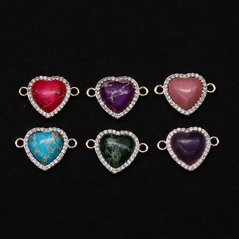 Ciondolo a Cuore in Pietra Naturale Imperatore Connettore con Strass a Doppio Foro per Creazione Gioielli DIY Accessori Donna
