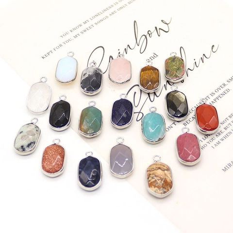 Natural Stone Oval Faceted Pendant Electroplated Silver Edge Red Jasper Agate Crystal Quartz Tiger Eye Charms DIY Jewelry Accessory