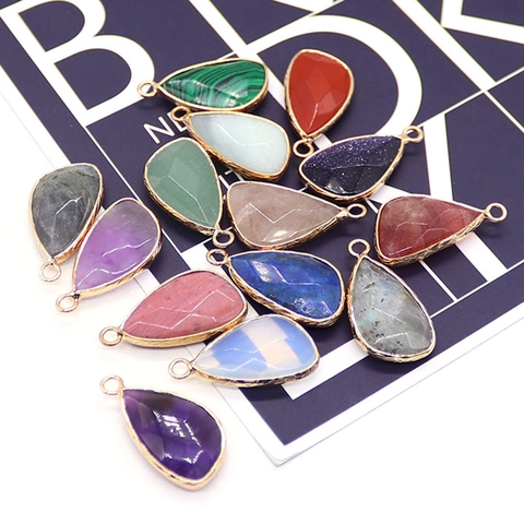Natural Stone Teardrop Pendant Electroplated Alloy Frame Triangle Opal Charm For DIY Necklace Jewelry Making Accessories