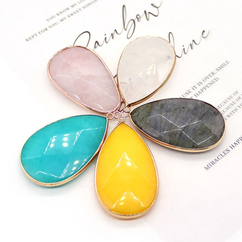 Natural Stone Teardrop Pendant Faceted Gemstone Electroplated Gold Edge DIY Jewelry Making Accessory For Necklace Earrings