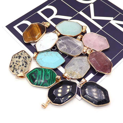 Natural Stone Faceted Shield Pendant With Electroplated Copper Edge For Necklace DIY Jewelry Making Men Women Accessory
