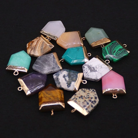 Natural Stone Sword Shape Pendants Faceted Shield Cut Crystal Jasper Charms With Gold Metal Edging For DIY Necklace Jewelry Making Findings