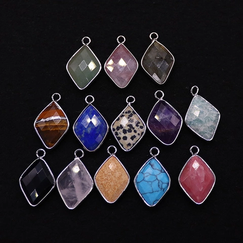 Natural Stone Faceted Rhombus Pendant For DIY Jewelry Making Silver Plated Copper Edging Necklace Charm Women Men Accessory
