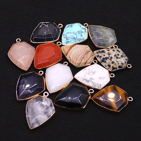 Natural Stone Shield Faceted Cut Pendant For DIY Jewelry Making Electroplated Copper Edge Amethyst Rose Aventurine Gemstone