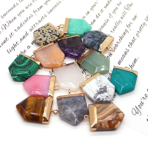 Natural Stone Sword Shape Pendants Faceted Shield Cut Crystal Jasper Charms With Gold Metal Edging For DIY Necklace Jewelry Making Findings