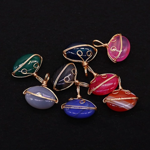 Natural Stone Striped Agate Oval Wire Wrapped Pendant Handmade Gold Copper Wire Necklace Charm For Jewelry Making DIY Craft Women