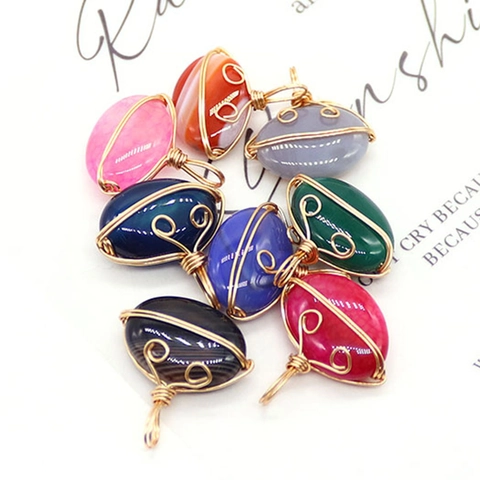 Natural Stone Striped Agate Oval Wire Wrapped Pendant Handmade Gold Copper Wire Necklace Charm For Jewelry Making DIY Craft Women