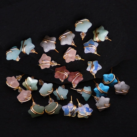 Natural Stone Star Wire Wrapped Stud Earrings Faceted Crystal Tiger Eye Amethyst Geometric Bohemian Jewelry For Women Gift