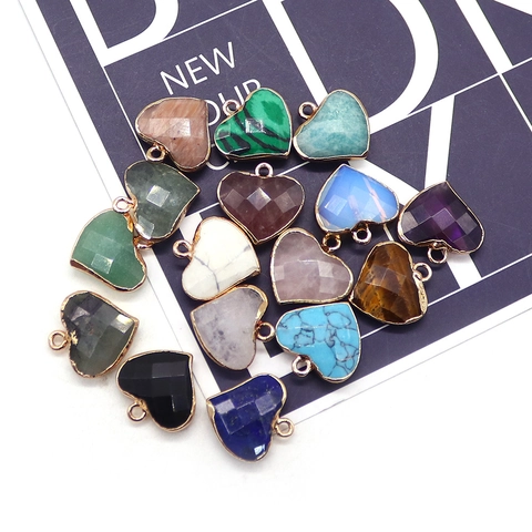 Natuursteen Hart Gefacetteerde Hanger Zonder Ketting Hartvorm Verguld Malachiet Rozenkwarts Lapis DIY Sieraden Accessoire Voor Vrouwen Cadeau