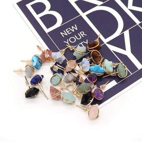Natural Stone Star Wire Wrapped Stud Earrings Faceted Crystal Tiger Eye Amethyst Geometric Bohemian Jewelry For Women Gift