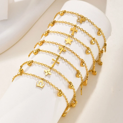 Edelstahl Strass Anhänger Fußkettchen Für Damen Schmetterling Kreuz Stern Libelle Krone Herz Anhänger Gold Fußschmuck