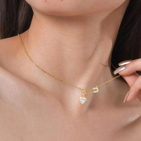 Fashion Stainless Steel Zirconia Heart Safety Pin Pendant Necklace For Women Gold Plated Adjustable Chain Jewelry Gift