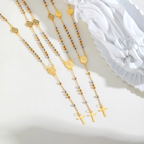 Tri-color Stainless Steel Rosary Virgin Mary Oval Plate Cross Y-shaped Necklace Gold Silver Rose Gold Religious Bead Necklace For Women Fashion Jewelry