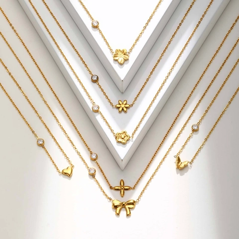 Stainless Steel Flower Butterfly Heart Conch Pendant Necklace For Women Gold Plated Rhinestone Clavicle Chain Jewelry