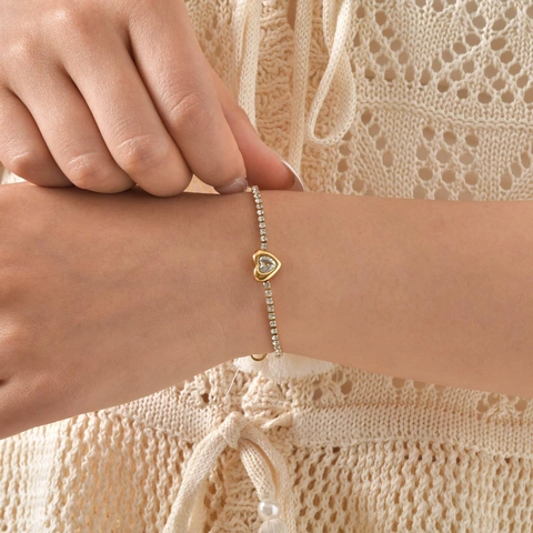 Elegantes Edelstahl Herz Tennis Armband Für Damen 18K Vergoldet Zirkonia Eingelegt Verstellbare Kette Mode Schmuck