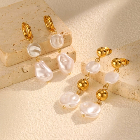 French Luxury Stainless Steel Artificial Pearl Earrings 18K Gold Plated Baroque Style Stud Earrings For Women Fashion Jewelry