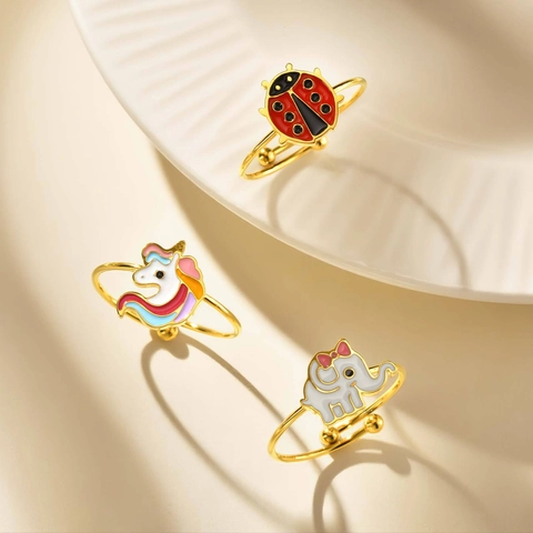 Süße Cartoon Edelstahl Gold Vergoldete Offene Ringe Für Kinder Emaille Einhorn Marienkäfer Elefant Verstellbarer Tierring Schmuck