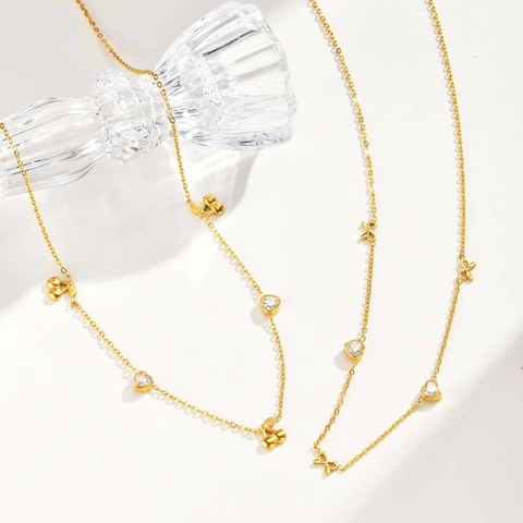 Edelstahl Herz Kirsche Schleife Anhänger Halskette Für Damen Vergoldet Geflochtene Kette Strass Mode Schmuck Elegantes Geschenk