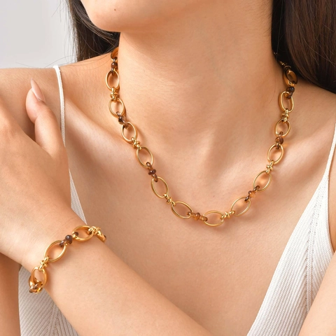 Vintage Edelstahl Oval Link Halskette Armband Ohrringe Set Mit Bernstein Look Harz Perlen Für Damen Mode Schmuck