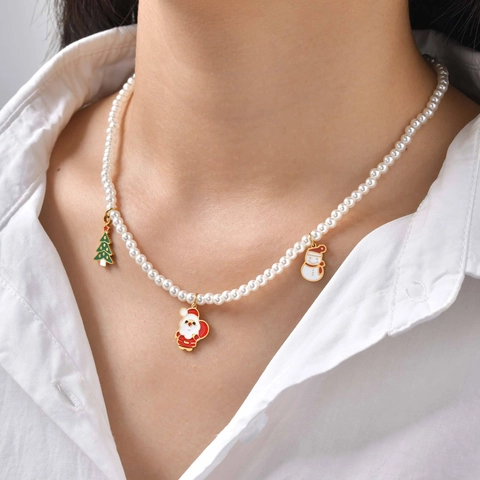Roestvrijstalen Kunstparelketting Voor Dames Kerstmis Kerstman Sneeuwpop Boom Hanger Feestelijke Emaille Sieraden