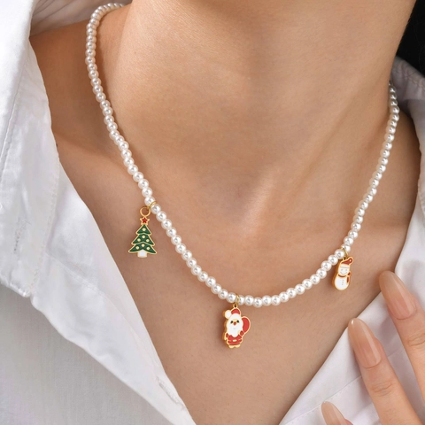 Roestvrijstalen Kunstparelketting Voor Dames Kerstmis Kerstman Sneeuwpop Boom Hanger Feestelijke Emaille Sieraden