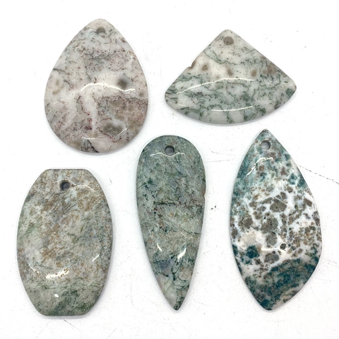 Natural Stone Moss Agate Pendants Mixed Shapes Water Drop Fan Polished Green Spotted Agate Pendants For DIY Jewelry Making