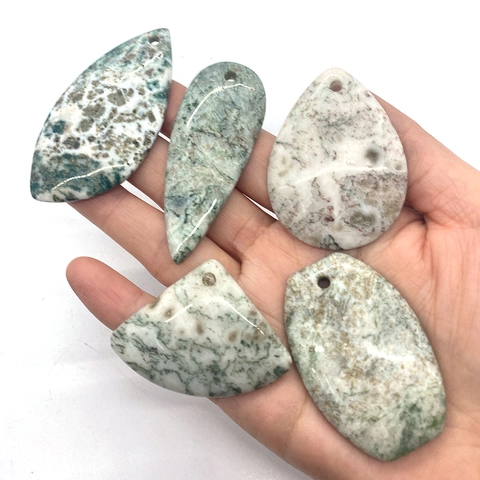Natural Stone Moss Agate Pendants Mixed Shapes Water Drop Fan Polished Green Spotted Agate Pendants For DIY Jewelry Making
