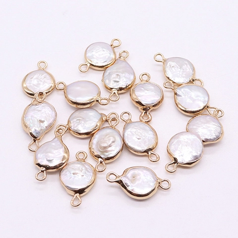 Pendaglio in Perla d'Acqua Dolce Naturale Tondo Piatto Con Bordo Placcato Oro Connettore a Doppio Foro per Creazione Gioielli Fai-da-Te Accessori Sposa