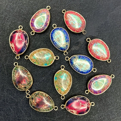 Natural Stone Teardrop Pendant Connector With Gold Plated Copper Edge Double Hole Imperial Jasper Jewelry Making Finding