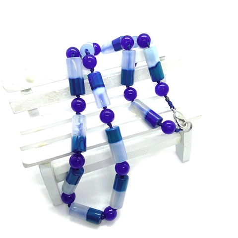 Natural Stone Cylindrical Bead Necklace For Women Men Retro Agate Texture Striped Geometric Beads Alloy Lobster Clasp Jewelry