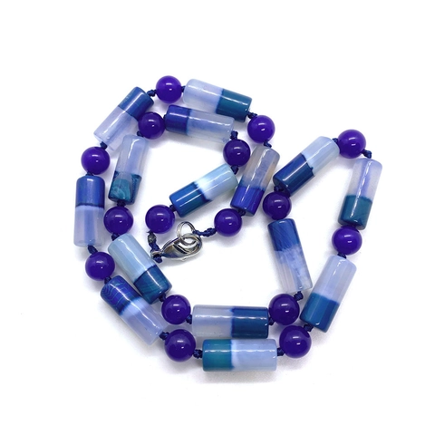 Natural Stone Cylindrical Bead Necklace For Women Men Retro Agate Texture Striped Geometric Beads Alloy Lobster Clasp Jewelry