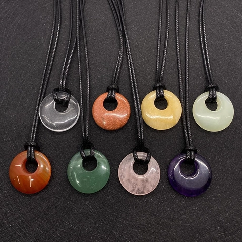 Natural Stone Amethyst Green Aventurine Red Agate Rose Quartz Pendant Necklace For Women Round Donut Circle Adjustable Cord Jewelry Gift