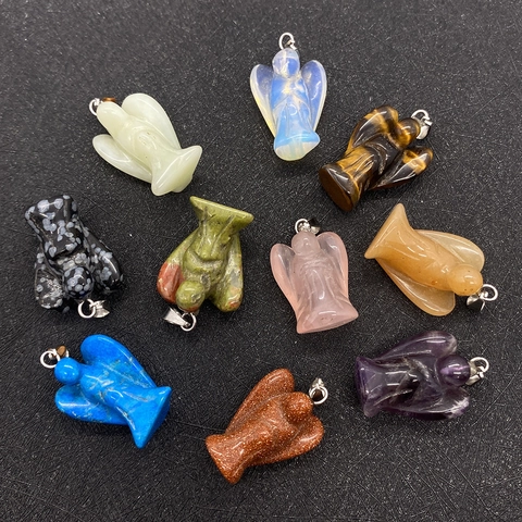 Pendentifs en Pierre Naturelle en Forme d'Ange Charmes de Pierres Cristallines Sculptées Avec Fermoir Métallique pour la Fabrication de Bijoux