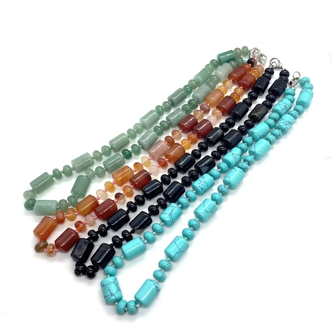 Natural Stone Beaded Necklace Stainless Steel Polished Cylindrical Barrel Beads Ethnic Retro Style For Men Women Jewelry