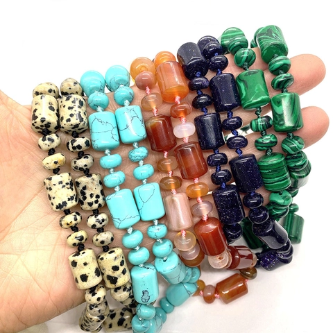 Natural Stone Beaded Necklace Stainless Steel Polished Cylindrical Barrel Beads Ethnic Retro Style For Men Women Jewelry
