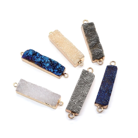 Natürlicher Druzy-Kristall Rechteckiger Doppel-Loop-Anschluss-Anhänger Goldkante DIY-Halskette Schmuckherstellung Zubehör