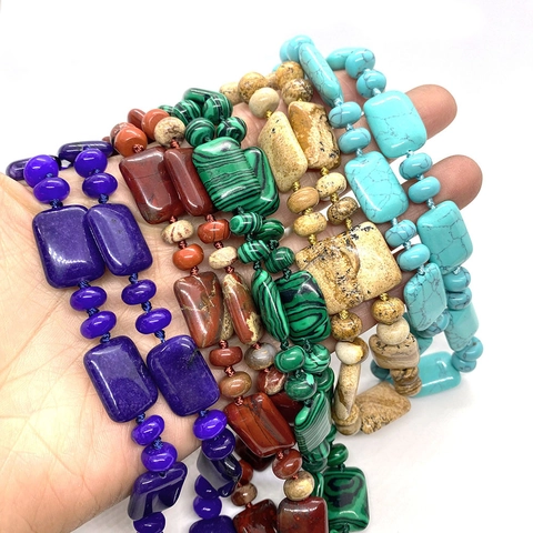 Vintage Ethno Naturstein Anhänger Halskette Rechteckige Polierte Perlen Handgefertigter Schmuck Für Damen Herren Geschenk