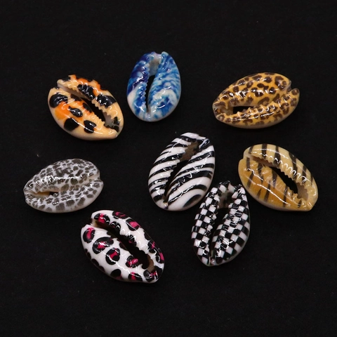 Natural Cowrie Shell Beads For DIY Jewelry Making Leopard Zebra Print Animal Pattern Enamel Printed Shell Accessories