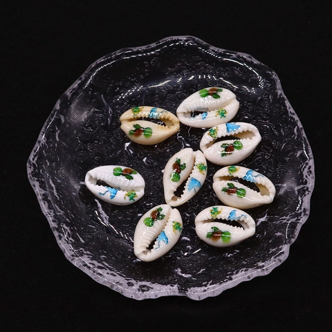 Natural Cowrie Shell Beads With Marine Animal Sea Turtle Seahorse Pattern Printed Loose Beads For DIY Jewelry Making Necklaces