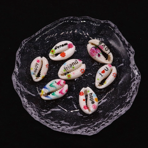 Natural Cowrie Shell Beads For DIY Jewelry Making Floral Printed Shells With Inspirational Words Happy Love Hope Dream For Necklace Bracelet Making Accessory