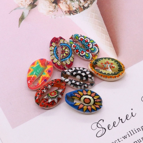 Natural Cowrie Shell Beads Painted Bohemian Ethnic Style Mandala Pattern Painted Shell Charms For DIY Jewelry Making Accessories